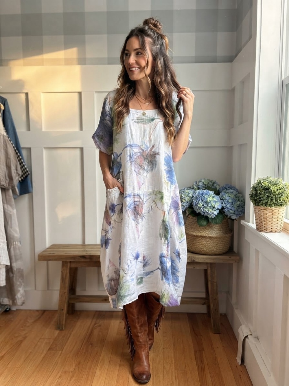 Italian Linen Airy White Floral Linen Midi Dress with Pockets